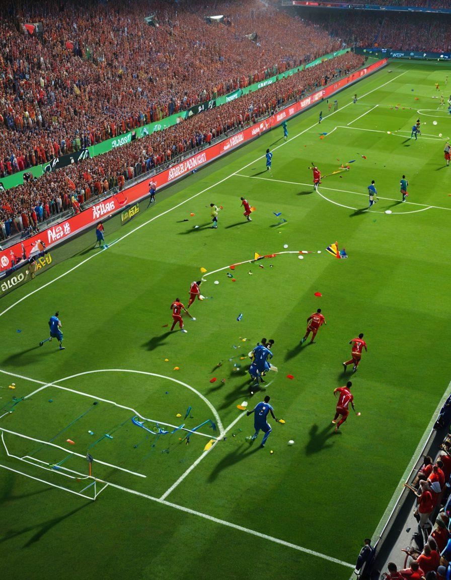 A dynamic football pitch scene, with players in action, displaying various soccer strategies in play. Include a lively crowd in the background, waving flags, emphasizing excitement and energy. Add elements like a tactical board and stats overlay to highlight strategy insights. Bright green grass and vibrant uniforms create a captivating visual. super-realistic. vibrant colors. 3D.