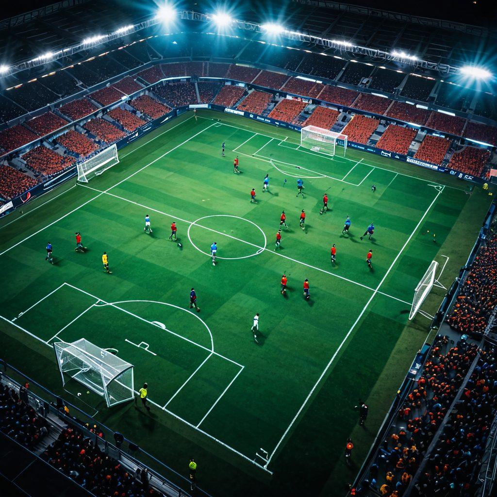 An aerial view of a soccer field showcasing various tactical formations marked with colorful graphics, a coach with a tactical board in the background analyzing a match, players in dynamic positions simulating a game, and vibrant stadium lights illuminating the scene. modern illustration. vibrant colors. high detail.